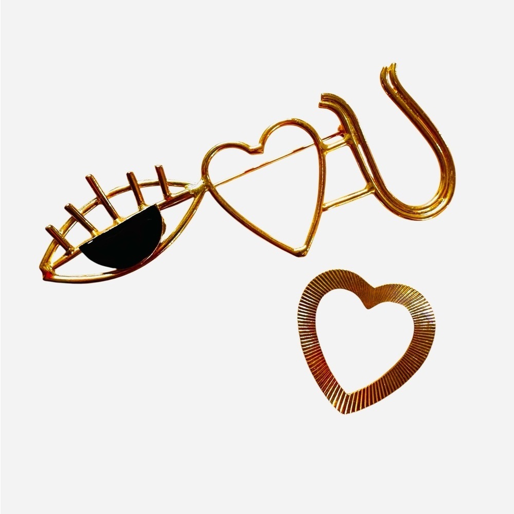 2 Brooch Pins Heart Eye Gold Tone Metal “I Heart U” 80s/90s
